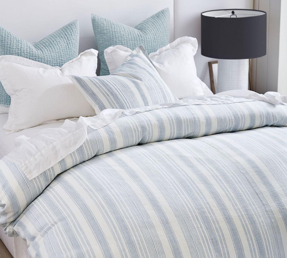 Hawthorn Stripe Cotton Quilt Cover Pillowcases Blue Pottery